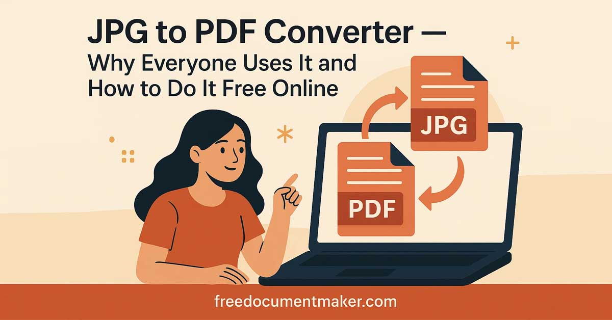 Illustration showing JPG to PDF conversion on a laptop for a free online converter guide