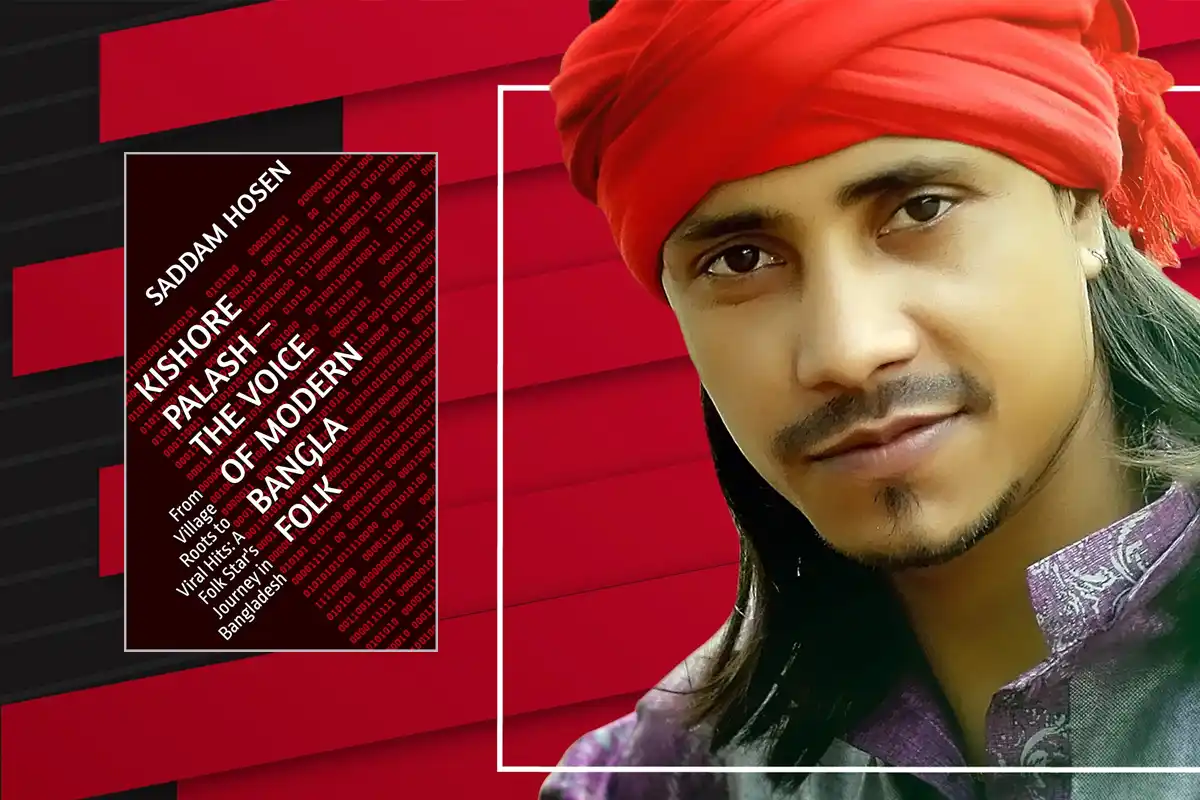 Kishore Palash wearing a red headband beside the book cover titled "Kishore Palash – The Voice of Modern Bangla Folk" by Saddam Hosen