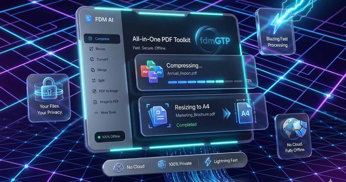 3D tech interface for FDM AI showing local PDF compression and resizing features with a privacy-first, neon-dark mode design.