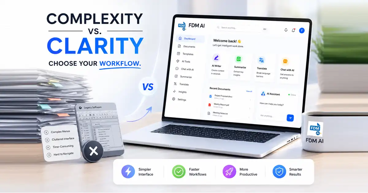 FDM AI document utility interface showing simplicity and speed compared to bloated legacy word processors.