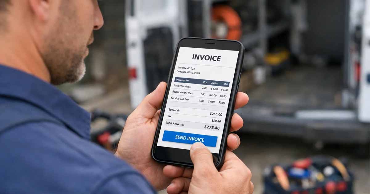 mobile invoicing software for small business generating invoice on phone at job site