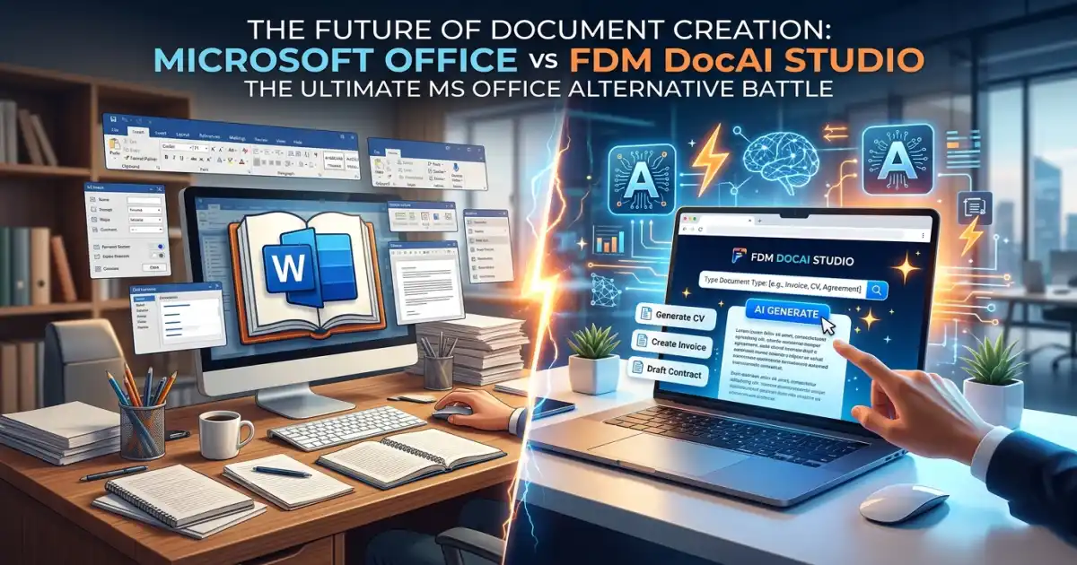 An elegant, split-screen blog banner comparing traditional Microsoft Office software with modern, AI-powered browser automation tools.