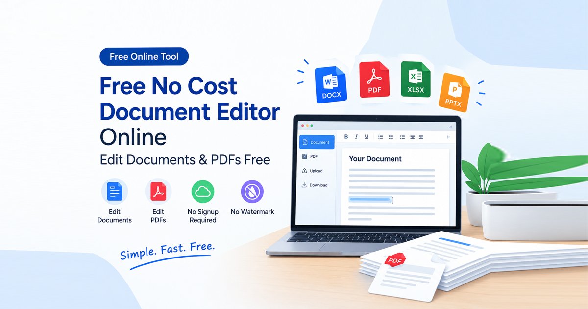 Free no cost document editor online interface on a laptop showing free document and PDF editing features