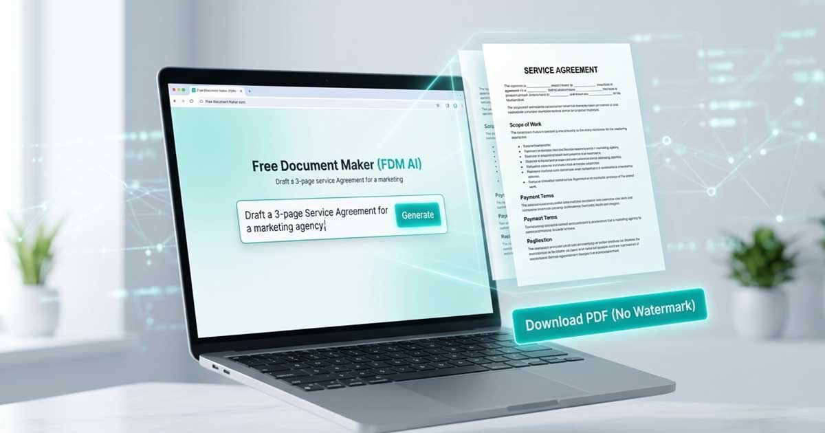 Laptop showing Free AI Document Maker (FDM AI) interface generating a professional service agreement from a text prompt with no login required.