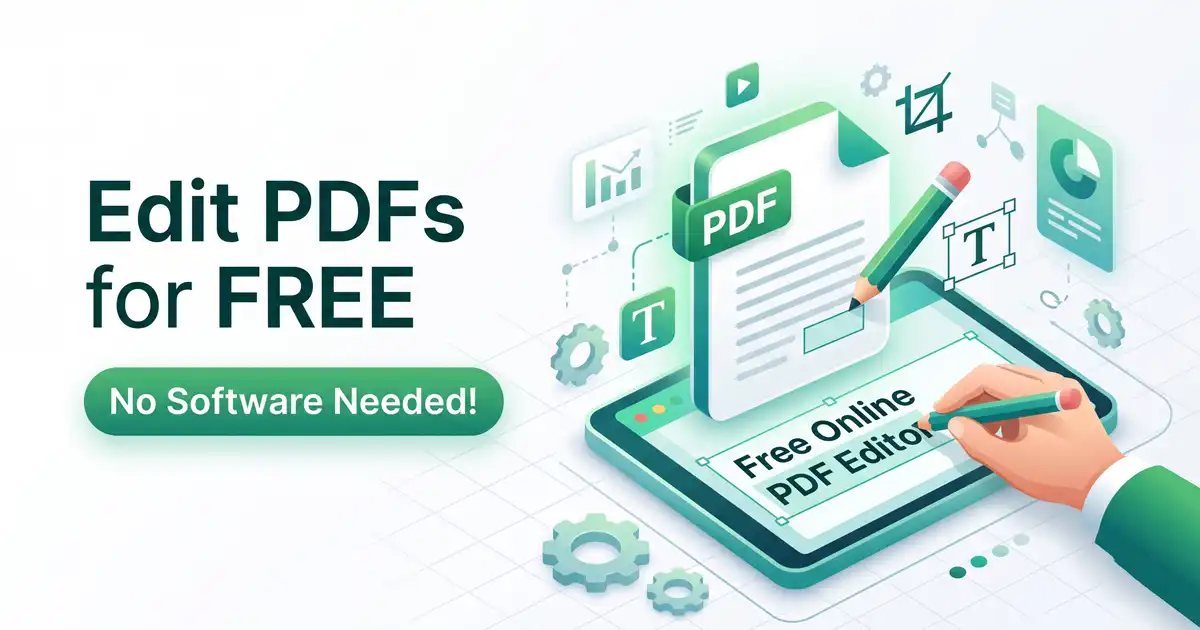 A modern minimalist isometric infographic displaying a clean "Free Online PDF Editor" dashboard on a tablet device with a hand editing a document using your brand's emerald green color palette.