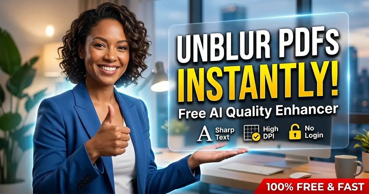 PDF Quality Enhancer tool showing before and after AI text unblurring