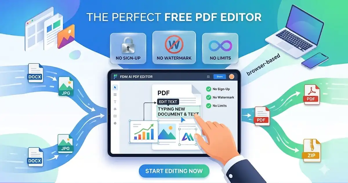 Sleek browser-based interface for FDM AI, the best free PDF editor no sign up workspace.