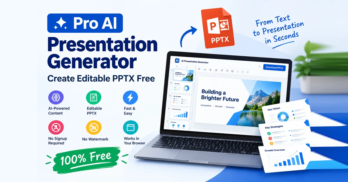 Pro AI presentation generator interface on desktop showing editable PPTX slide generation tools