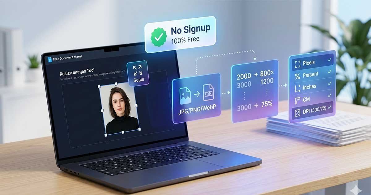 Resize images online free using the FDM AI tool showing a portrait being scaled with pixel and DPI settings on a 3D laptop interface.