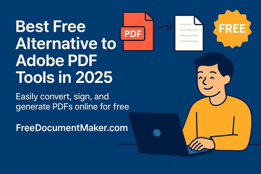 Illustration showing a smiling user switching from Adobe to FreeDocumentMaker.com, surrounded by friendly PDF icons, a "Free" badge, and clean UI.