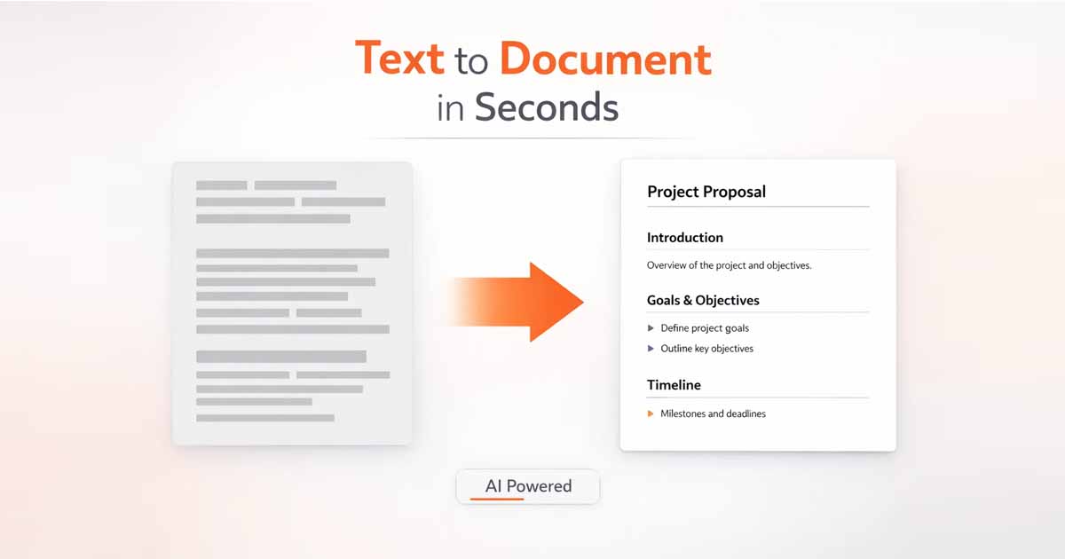 Text to document generator converting raw text into formatted document using AI