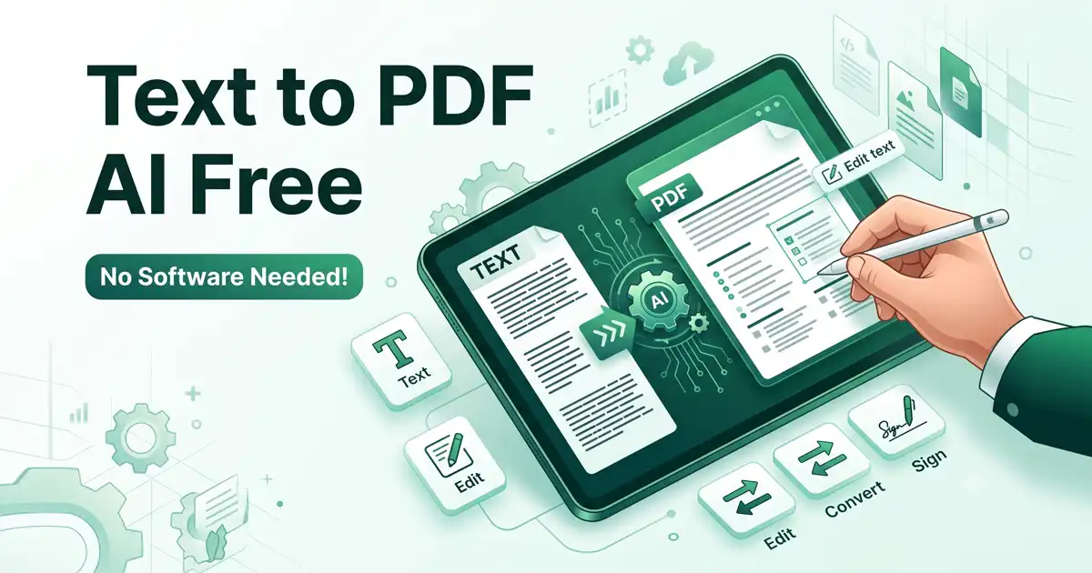 A modern minimalist isometric infographic showcasing a secure "Text to PDF AI Free" digital workspace on a tablet, with a hand using a stylus to format, edit, and sign a document with your signature emerald green accents.