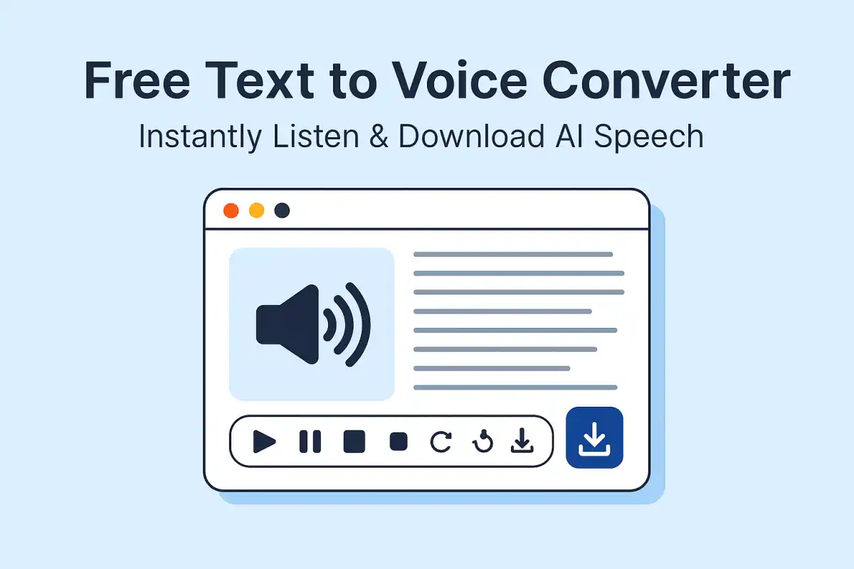 Illustration showing Free Document Maker's Text to Speech tool converting written text into natural AI voice with playback and download options