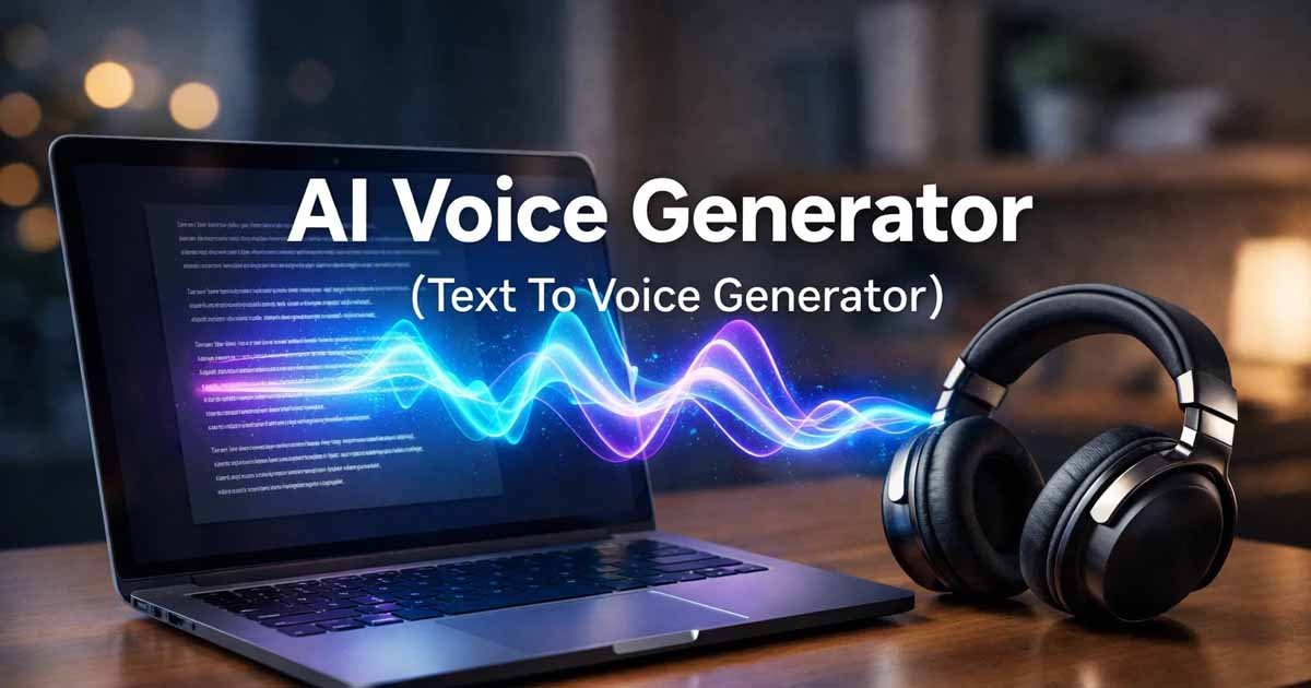 A 3D render of a laptop transforming digital document text into glowing blue and purple sound waves flowing toward a pair of headphones on a wooden desk.