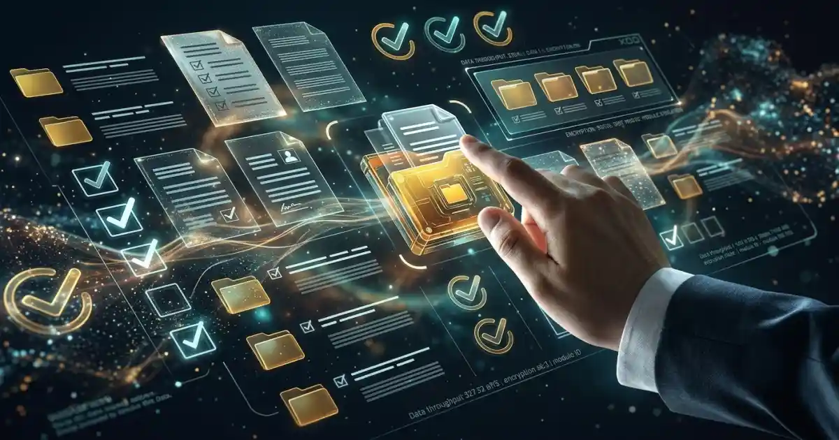 Hand interacting with a futuristic, holographic digital dashboard showcasing intelligent document processing workflows, glowing folders, and AI data extraction tools.