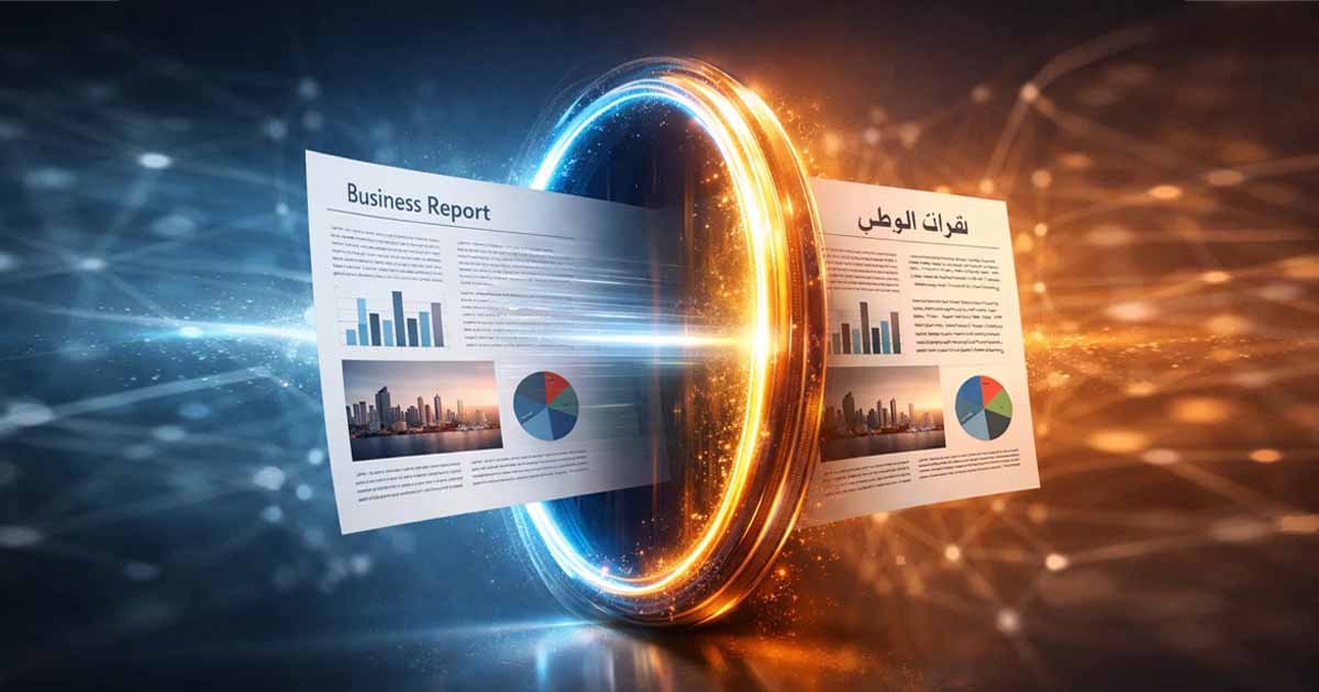 A conceptual 3D graphic showing a PDF document being translated from English to Spanish instantly while preserving its original layout.