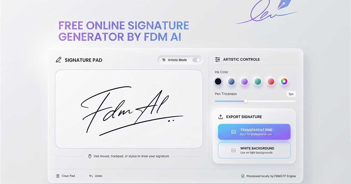 Interface of the FDM AI transparent PNG e-signature generator showing a digital signature pad, ink color controls, and instant download buttons.