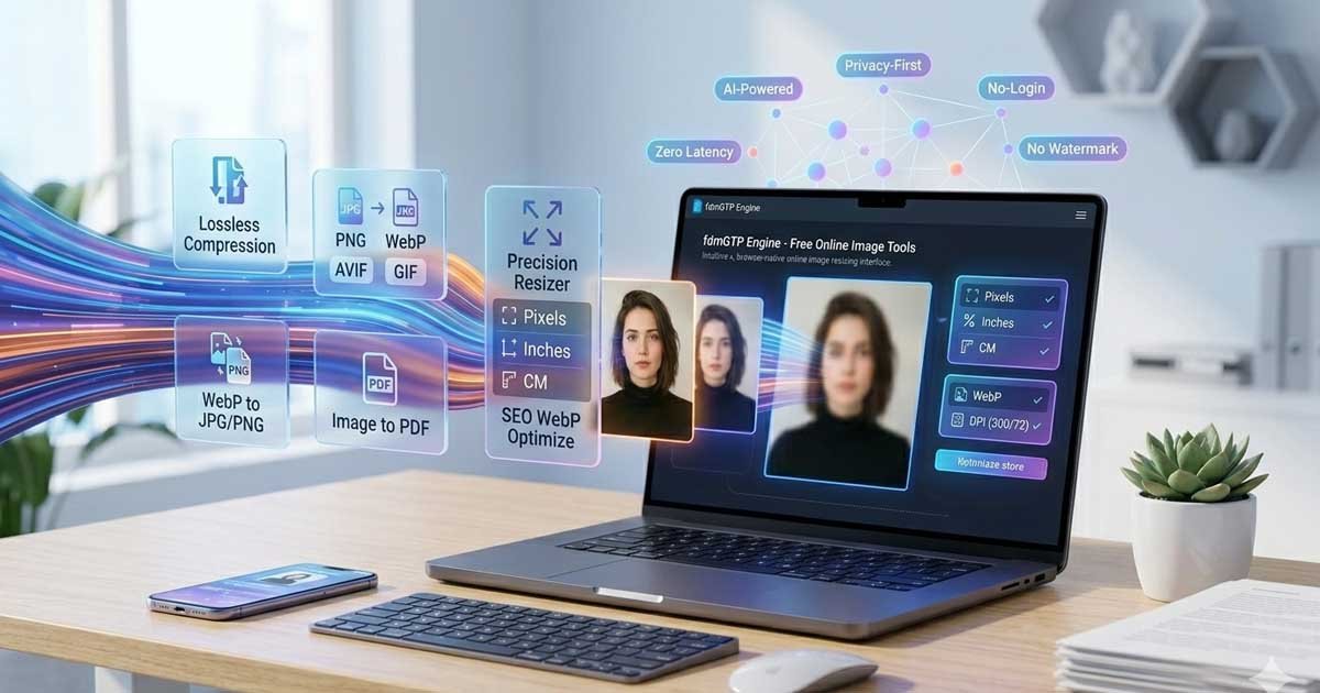 An ultimate suite of free online image tools illustrating WebP optimization, PDF conversion, and professional image scaling.