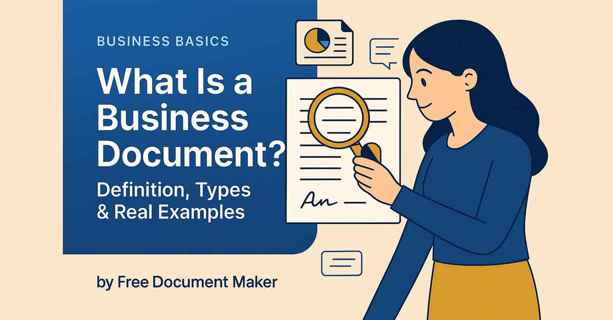 Illustration explaining what a business document is, showing document review, business records, and professional documentation concepts