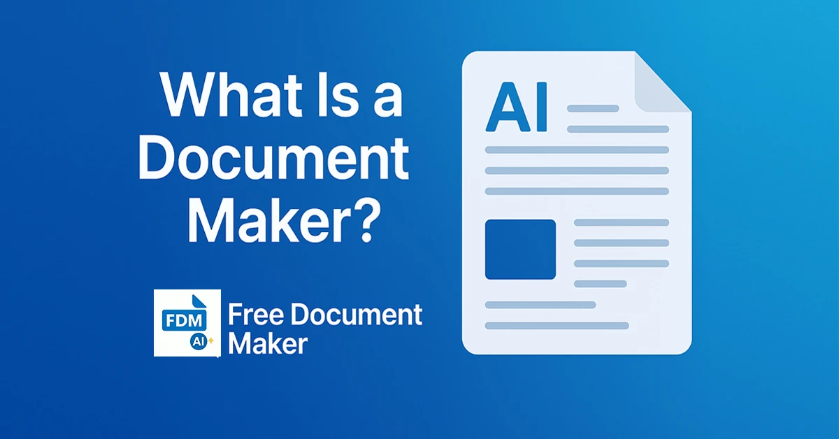 Blue gradient banner showing a digital document icon with AI label and the title "What Is a Document Maker?" by Free Document Maker — representing modern AI-powered document creation.
