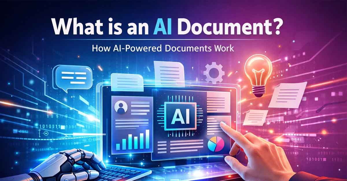 AI-powered document creation showing a digital interface generating structured documents and PDFs using artificial intelligence
