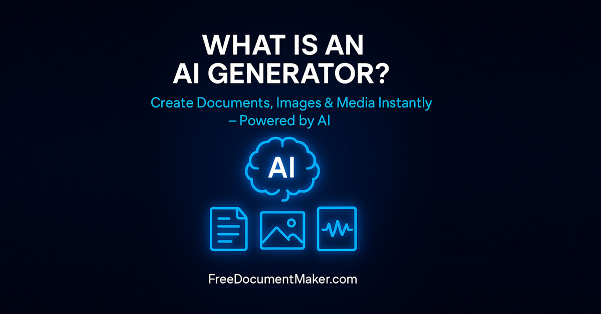 Dark neon-blue banner showing AI icons for document, image, and audio generation with title text ‘What Is an AI Generator?’ and subtext ‘Create Documents, Images & Media Instantly — Powered by AI