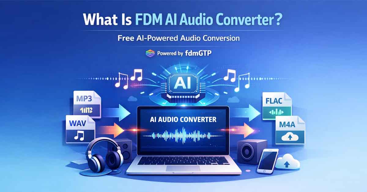 FDM AI Audio Converter interface showing AI-powered audio format conversion including MP3, WAV, FLAC, and AAC