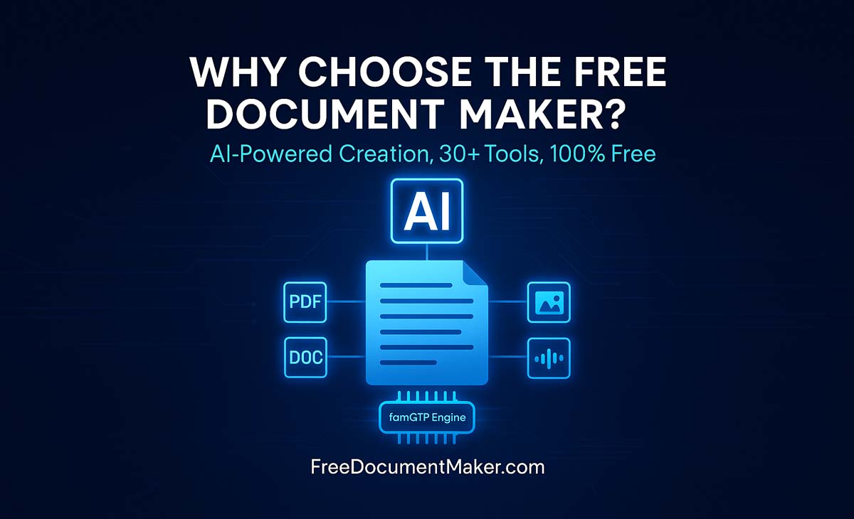 Why Choose the Free Document Maker – AI-powered document platform with glowing blue design, document icon, and fdmGTP Engine branding on a dark blue background.
