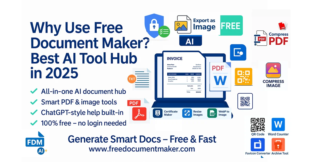 Promotional banner for Free Document Maker highlighting it as the best AI-powered tool hub in 2025, featuring invoice generation, PDF and image tools, and ChatGPT-style assistance β all free and online.